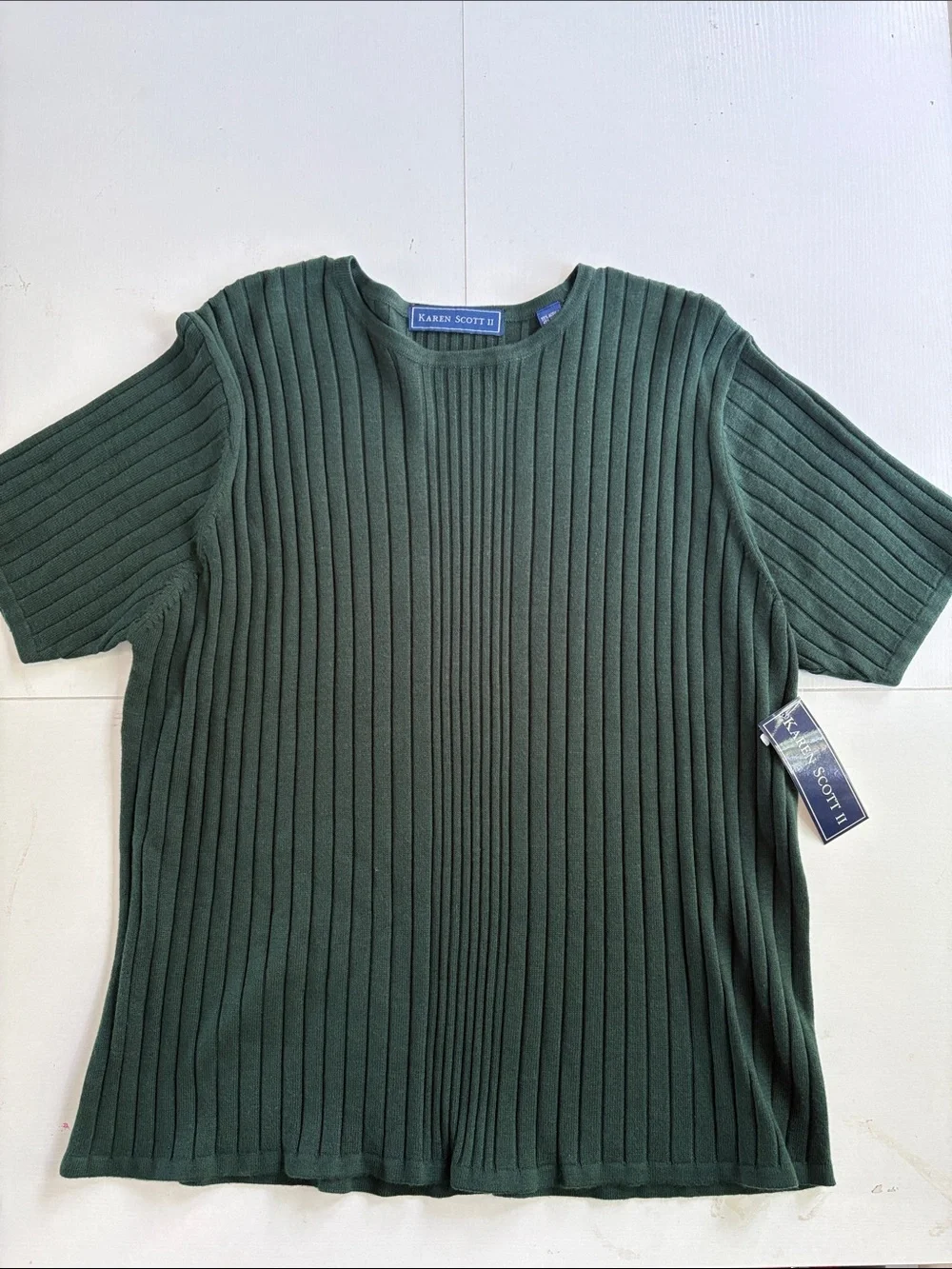 Karen Scott Vertical Rib Knit Short Sleeve Top in Forest Green